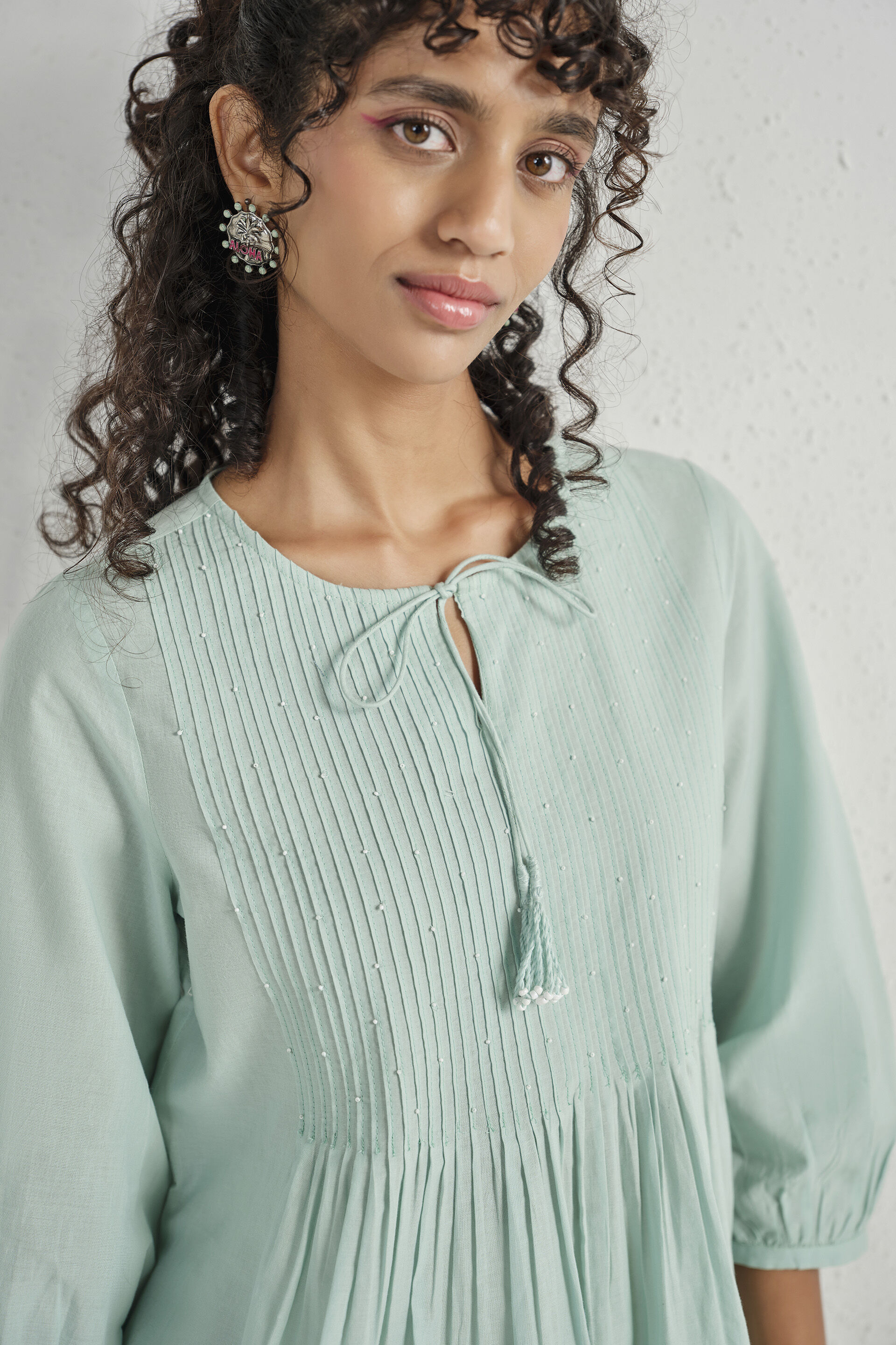 Teal Cotton Pleated Top, Teal, image 4